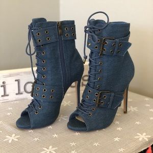 Tie Up High Heel Denim Boots